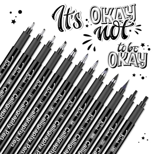 YYSHUS 12 Kalligraphie-Stifte Schwarz – Kalligrafie-Set für Anfänger, Fineliner & Pinselspitzen – Wasserfester Stift zum Zeichnen, Handlettering & Unterschriften