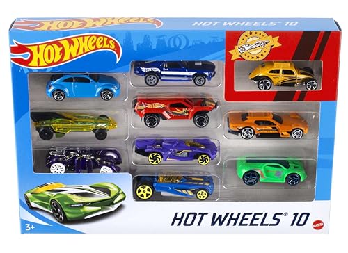 Hot Wheels 1:64 Die-Cast Auto Geschenkset, je 10 Spielzeugautos, zufällige Auswahl, Spielzeug Autos ab 3 Jahren, 10er Pack, Mehrfarbig, 54886