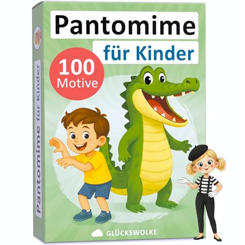 GLÜCKSWOLKE Pantomime Spiel für Kinder - lustiges Familienspiel I Mit 100 Spielkarten I Indoor & Outdoor Spielzeug Kinderspiel I Spiele ab 4, 5, 6, 7, 8, 9 Jahre I Geschenk für Junge & Mädchen
