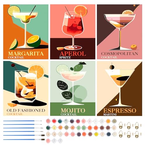 6 Stück Malen Nach Zahlen Erwachsene Cocktail, Malen Nach Zahlen Set 20x30cm, DIY Handgemalt Ölgemälde, Paint by Numbers für Erwachsene Anfänger mit Pinsel Acrylfarben für Dekoration und Geschenk (B)