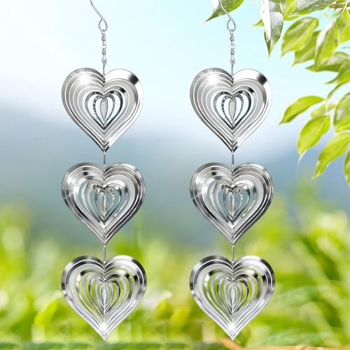 YOUNGSAY 2 STK Windspiel Metall Herz, Reflektierende Herzförmige 3D Vogelabwehr, 360°-Drehung Windspiel Edelstahl Herz für Garten, Bauernhof, Hof und Balkon