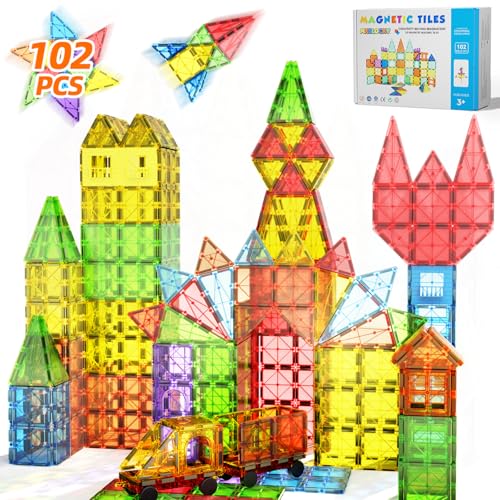 102PCS Magnetische Bausteine mit 2 Autos Magnetbausteine Kinder Magnetspiel Montessori Magnet Bausteine Magnetic Tiles Blocks Weihnachts Geburtstag Geschenk Spielzeug ab 3 4 5 6 7+ Junge Mädchen