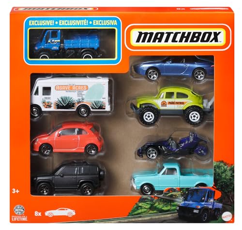 Matchbox-Satz mit 8 Die-Cast-Autos oder -Trucks im Maßstab 1:64, themenbezogenes Multipack, darunter 1 Exklusives Fahrzeug (Stile können abweichen), HVR81