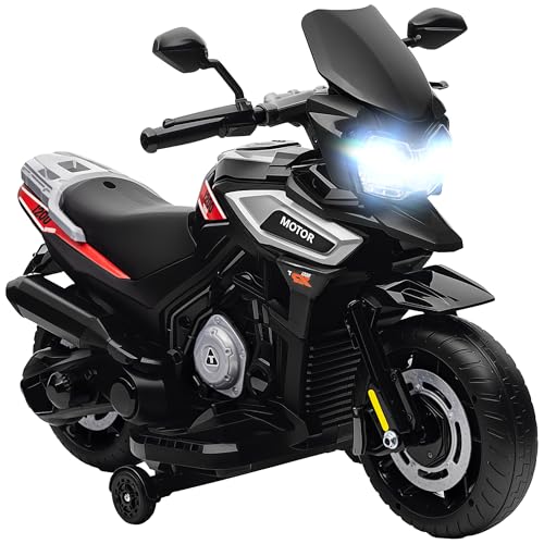 AIYAPLAY Elektro Motorrad Kinder 6V Elektromotorrad Kindermotorrad mit 2 Hilfsrädern, Beleuchtung, Musik, Soft-Start, bis zu 2,4 km/h für Kinder von 1,5-3 Jahren Schwarz