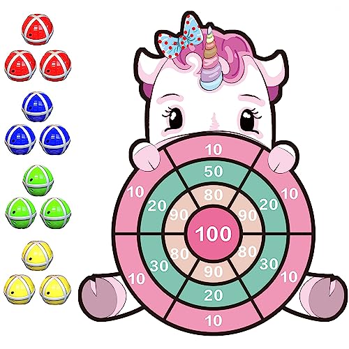 Einhorn Spielzeug für 4–9, 63cm Einhorn Geschenke für Mädchen Kinder Klett Dartscheibe mit 12 Klebrigen Bällen, Drinnen und Draußen Wurfspiel Set für Kinder Groß und Klei, Geburtstagsgeschenk für 4–11