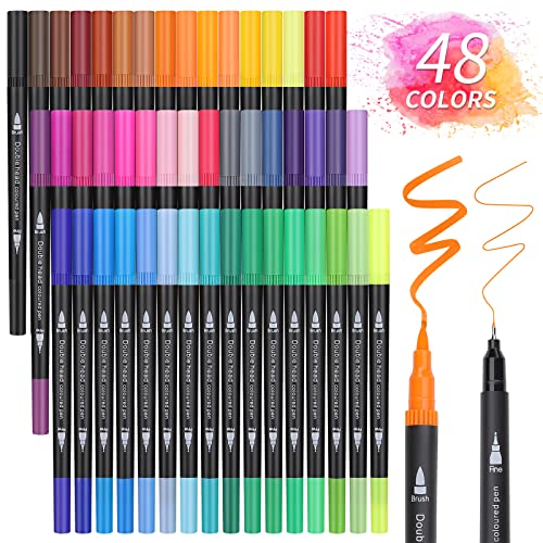 Owelth Brush Pen Set, 48 Farben Dual Tip Pinselstifte Aquarell Marker, Filzstifte Dicke und Dünne Doppelfasermaler, für Kinder und Erwachsene Mandala Fasermaler 1-2 mm/Fineliner 0,4 mm