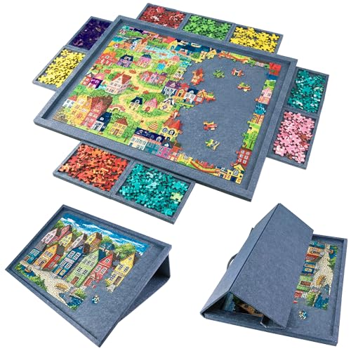 PP OPOUNT Filz Puzzlebrett für Puzzle bis 1000, Graues Neigbares Filz Puzzlebrett 2-in-1 Design Ständer und Abdeckung, Tragbares Puzzle Tisch mit 9 Entnahme-Sortierschalen Puzzletisch für Erwachsene
