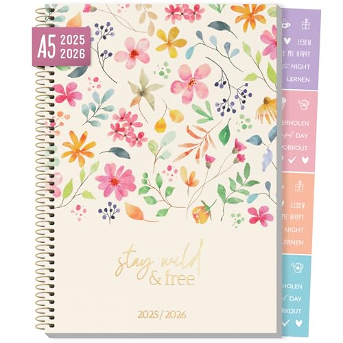 Häfft® College-Timer A5 2025/2026, Schülerplaner mit Sprüchen und Stickern 'Flower Power' Schulplaner Hausaufgabenheft - nachhaltig & klimafreundlich