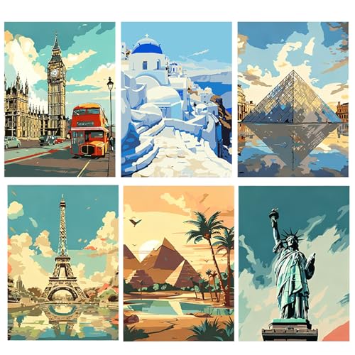 VOYANTE 6 Stück Malen nach Zahlen Erwachsene Set, Landschaft Thema Malen nach Zahlen, Leinwand Handbemalt DIY Set Erwachsene, Paint by Numbers Ohne Rahmen für Stressabbau Dekoration, 35×25cm