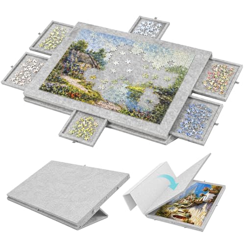 Puzzle-Aufbewahrungsbrett mit 6 Schubladen – Neigbare Puzzle-Platte aus Filz für bis zu 1000 Teile – 2-in-1 Puzzletisch mit Ständer & Abdeckung – Leicht & tragbar für Erwachsene & Kinder (Light Grey)