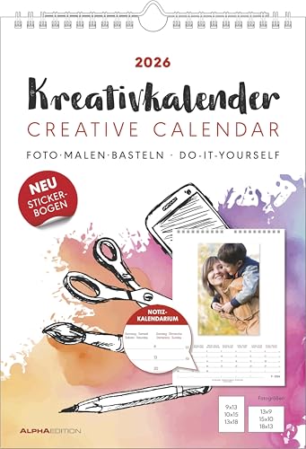Alpha Edition - Kreativ-Kalender A4 Notiz 2026 – Bastelkalender (21×29,7 cm) mit Platz für Fotos & Notizen, weißer Hintergrund, ideal zum Malen & ... Titelblatt: mit Platz für Notizen