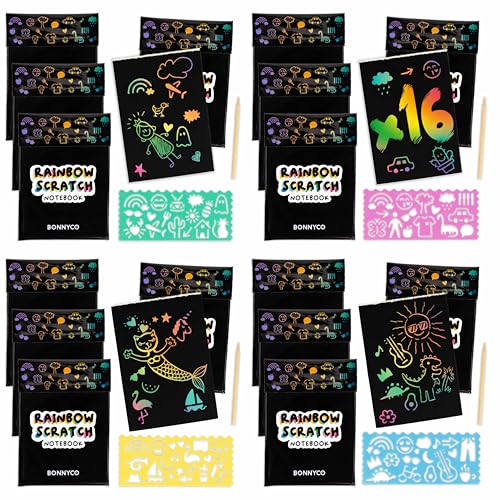 BONNYCO Kratzbilder für Kinder, 16 Sets mit Notizbuch, Schablone und Holzkratzer. Mitgebsel Kindergeburtstag, Kleine Geschenke für Kinder zur Einschulung von 3 bis 12 Jahren
