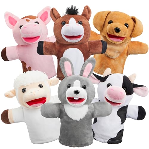 JOYIN 6 Stück Tier Handpuppen Spielzeug Set für Kinder,Freunde Im Tiergarten, Deluxe plüschtiere Kinderhandpuppen mit beweglichem offenem Mund für EIN fantasievolles Spiel