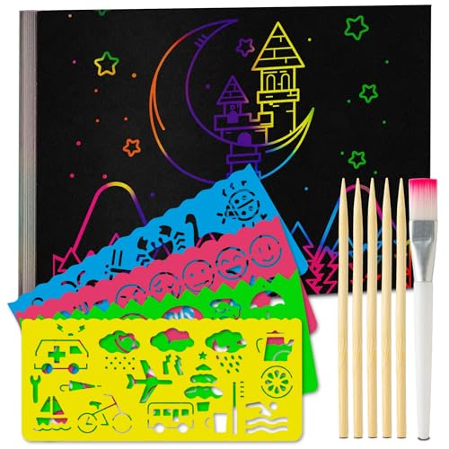 Tritart Kratzbilder Set für Erwachsene und Kinder - 13x18,5cm Scratch Painting Scratch Art - 55 Blatt Regenbogen Kratzbild Kratzpapier - mit Schablonenlinealen Holzstiften