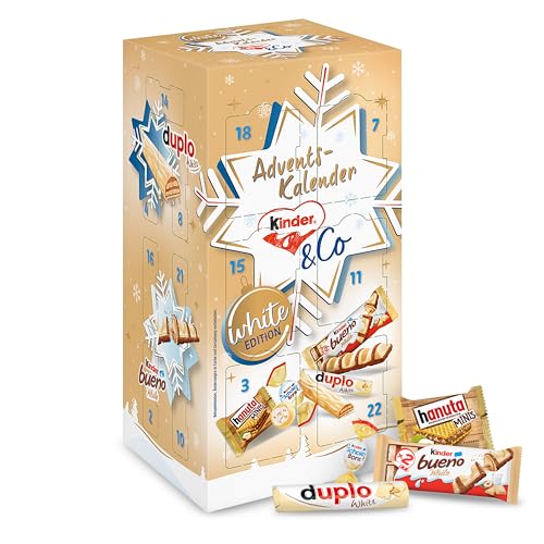 kinder and Co. White Adventskalender 2025 – Adventskalender mit Schokoladen-Spezialitäten von Ferrero – kinder bueno White, Schoko-Bons, duplo & hanuta Minis – 1 Kalender à 263 g
