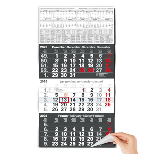 TOBJA 3 Monatskalender 2026 Wandkalender mit Schieber - 'Anthrazit' Kalender 2026 Wandkalender | FSC-zertifiziert, mit Schulferien, Feiertagen & Jahresübersicht | Großformat 56x30 cm (gefalzt!)