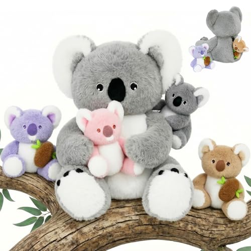 OUOZZZ 5 Stück Koala Kuscheltier Set, 30cm Weich Koala Plüschtier mit 4 Baby im Bauch - Baby Geburtstagsgeschenk für Mädchen Jungen Kinder