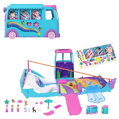Polly Pocket-Mikropuppen und umwandelbarer Camper, mit Accessoires wie Haustieren und Spielzeugauto, mobiles Haustier-Abenteuer-Spielset, JCC22