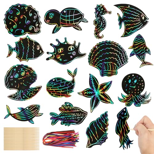 Honosen 64 Stück Meerestiere Kratzbilder für Kinder, Regenbogen Scratch Art, Niedliche Meerestiere Zeichnen Basteln mit Holzstiften Seile, für Kindergeschenke, Klassenzimmer, DIY-Spielzeug