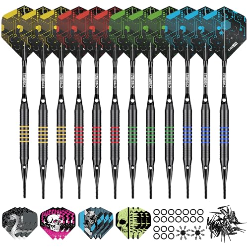 CyeeLife Dartpfeile mit Kunststoffspitze,12 Stück Softdarts mit Kunststoffspitze Set, 16g Profi Softdarts dartpfeil,Dartpfeile mit 24 Flights und 50 Dartspitzen für Elektronische Dartscheiben