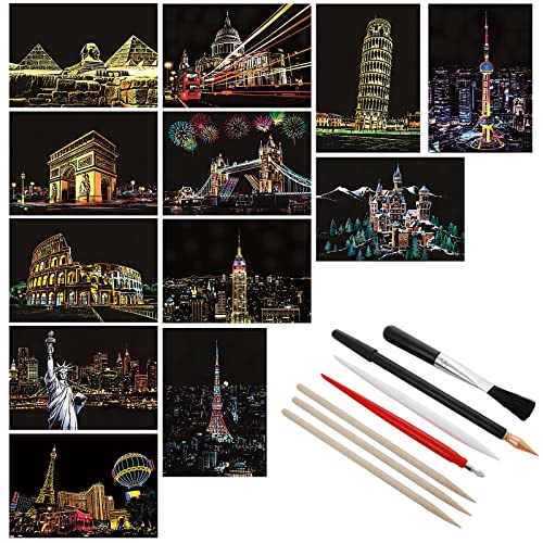 Lusofie Kratzbilder Erwachsene 12 Blätter Kratzpapier Urban Scratch Painting Kratzbilder Scratch Art Papier und Stift Set Schwarzes Kratzpapier für DIY Crafts Home Decor Art Project