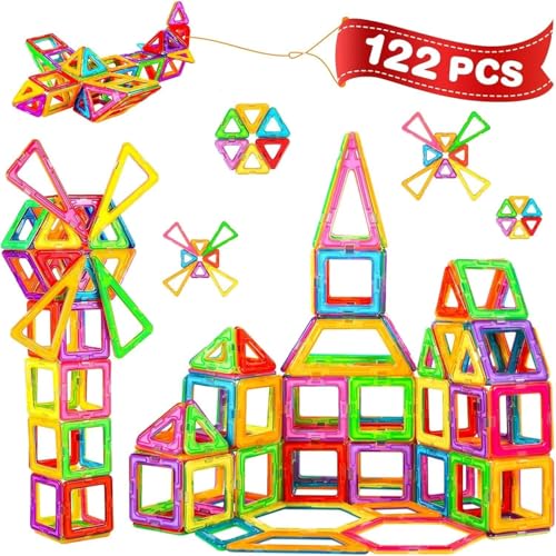 Crenova Magnetische Bausteine 122 Teile Magnetspielzeug Magnetbausteine Spielzeug für Kinder Magnet Spielzeug für Jungen und Mädchen ab 3 4 5 6 7 8