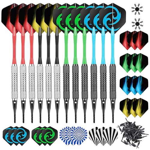 CareGames 12Stück Soft Dartpfeile Softdarts 16 Gramm mit PVC Schäften 50 zusätzlichen Dartspitzen 24 Flights für Elektronische Dartscheibem,Professionelle Softdart Set