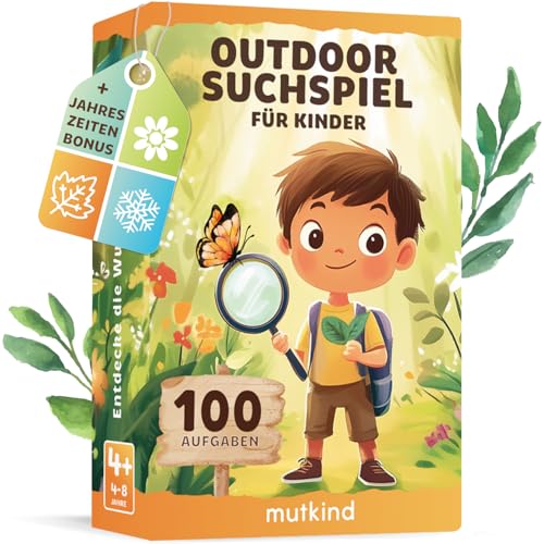 MUTKIND® 50x Entdeckerkarten für Kinder (ALLE 4 Jahreszeiten) - Spannendes Suchspiel zum Natur entdecken - 100 Aufgaben - Outdoor Spiele für Kinder - Geschenk Junge und Mädchen ab 4, 5, 6, 7, 8 Jahre