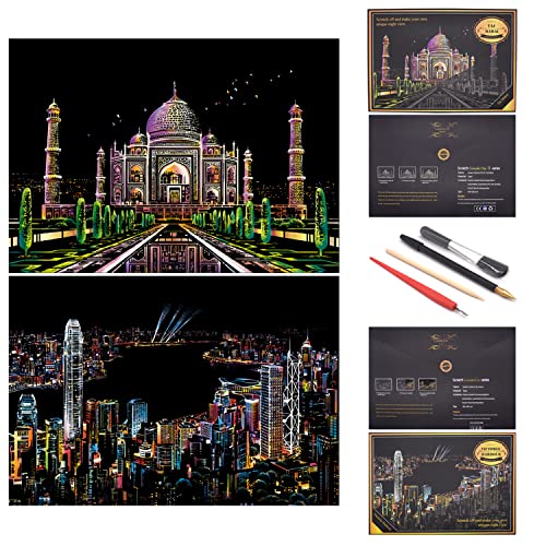 SiYear Scratch Paper Regenbogen Malerei Skizze, City Series Night Scene, Scratch Painting kreatives Geschenk, Scratchboard Kunst für Erwachsene und Kinder, mit 4 Tools