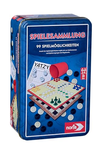 Noris - Spielesammlung in Metallbox – 99 Spielmöglichkeiten für Kinder und Erwachsene ab 6 Jahren – kompakte Familienspiele-Box mit Klassikern – Brettspiele Set für Reisen – Geschenk für Spielabende