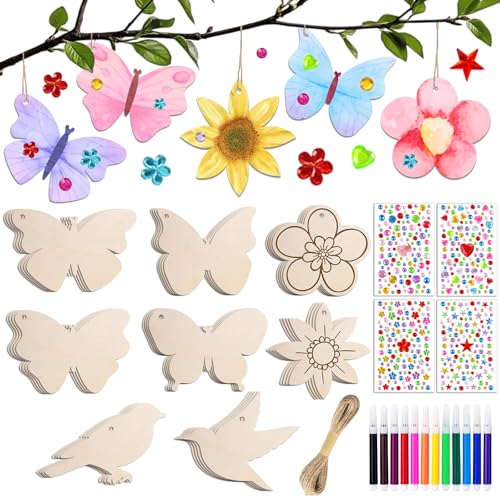 57 Stück Bastelsets für Kinder, Basteln Kinder Schmetterling Blume Vogel Holzanhänger zum Bemalen, Kindergeburtstag Basteln Mädchen, DIY Kreativsets mit Aquarellstift Edelsteinaufkleber