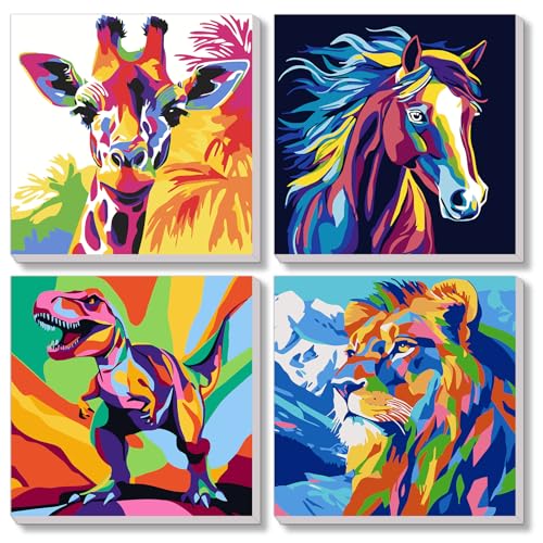 4 Stück Malen Nach Zahlen Kinder mit Rahmen, Malen Nach Zahlen Kinder ab 5 6 7 8 9 10 11 12 Jahre Mädchen und Junge Tiere Set, Paint by Numbers Kids mit Pinseln und Acrylfarben für Geschenk (20x20cm)