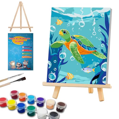WEMEON Malen nach Zahlen Kinder ab 7 mit Rahmen und Staffelei, Schildkröte Malen nach Zahlen Erwachsene Anfänger, Tiere Paint by Numbers für Mädchen und Junge mit Geschenk Box 20x30cm