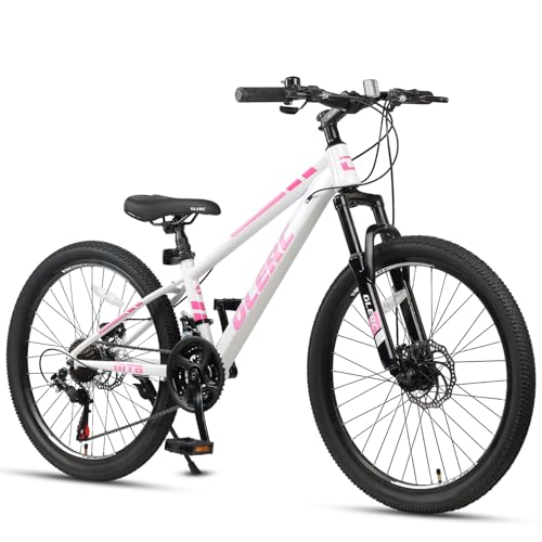 Glerc Skyline Kids Mountain Bike für Jungen/Mädchen, 24 Zoll Kinderfahrrad für 10 11 12 13 14 15 16 17 18 Jahre Jugendliche, 21-Gang Fahrrad mit Vorderradfederung & Scheibenbremsen & stabilem，Rosa