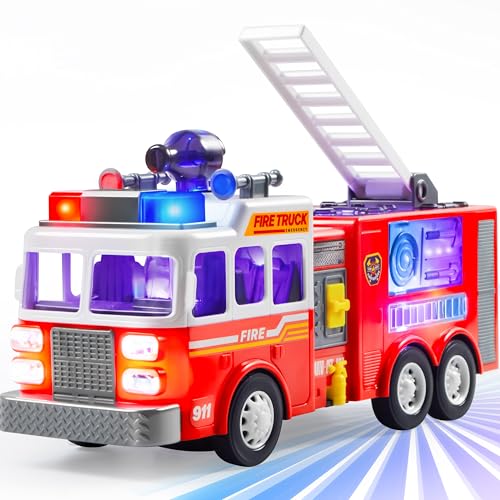 JOYIN LED-Feuerwehrauto-Spielzeug für Kleinkinder ab 3 4 5 Jahren– LED-Projektionen und Sirenen, Bump-and-Go-Feuerwehrautos mit Modusschalter und Lautstärkeregler, Feuerwehrauto für Jungen und Mädchen
