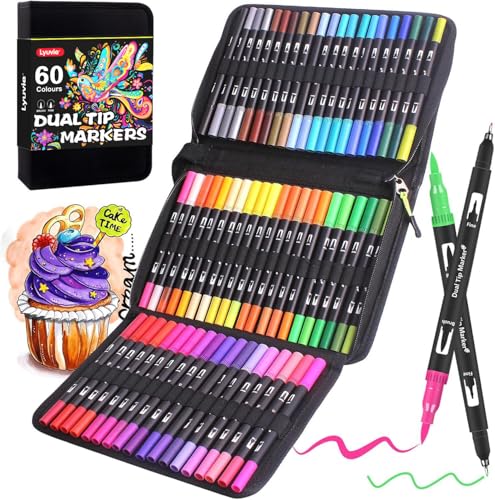 Lyuvie Filzstifte Set, 60 Farben Pinselstifte Aquarell Brush Pen Set, 2 mm und 0,4 mm Pinselstifte und Fineliner Marker zum Zeichnen, farbiges Mandala