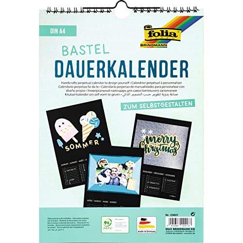 folia 23601 - Dauerkalender, Bastelkalender, mit Spiralbindung, DIN A4, schwarz, inklusive 3 Jahres-Vorschau