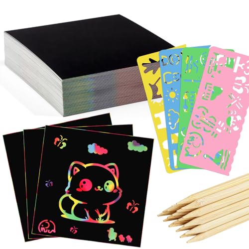 Kratzbilder Kinder, 66 Blätter Kratzpapier Regenbogen DIY Bastelsets mit 20 Holzstifte 4 Malschablonen Kratzbücher Kratzblock für Kinder Erwachsene (8.5 x 8.5cm)