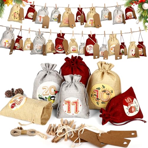 Omtofo 2025 Adventskalender Zum Befüllen Groß & Klein mit 24 Stoffbeutel Jutesäckchen 13x18cm, 10x15cm, inklusive Hanfseil Holzklammern Zahlenanhänger, Weihnachtskalender Tüten Adventskalender Selber
