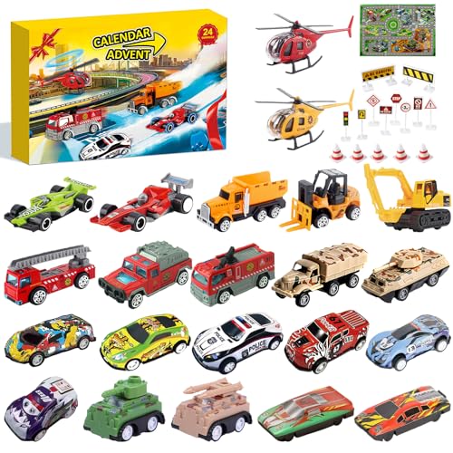Adventskalender 2025 Kinder, Adventskalender Auto, Auto Adventskalenders mit Diecast Cars Fahrzeuge Baustellen LKWs Alloy Spielzeug, 24 Tage Cars Adventskalenders für Jungen Party Geschenke