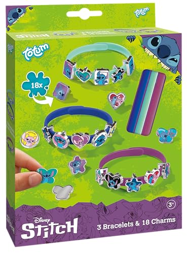 TM ESSENTIALS Stitch Armband-Set mit 18 Charms für Kinder | Charm-Armbänder in Gelb, Blau und Rot zum kreativen Selbstgestalten – Einzigartiger Schmuckspaß mit süßen Stitch-Motiven