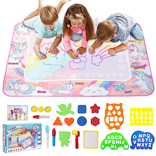 LEcylankEr Wasser Doodle Matte 120x90cm, Groß Aqua Doodle Wassermalmatte XXL, Magic Doodle Malmatte mit Wasserstift für 2-7 Jahre alt Junge Mädchen Kinder Baby Toddler (Einhorn)