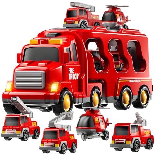 JUKUDAHU Feuerwehrauto Spielzeug Set für Jungen 3-5 Jahre – 5-in-1 Transport-LKW mit Sprinkler, Leiterwagen, Feuerauto, Hubschrauber, Toddler Auto Spielzeuge Geschenk für Kinder 3 4 5 6 7 8 Jahre