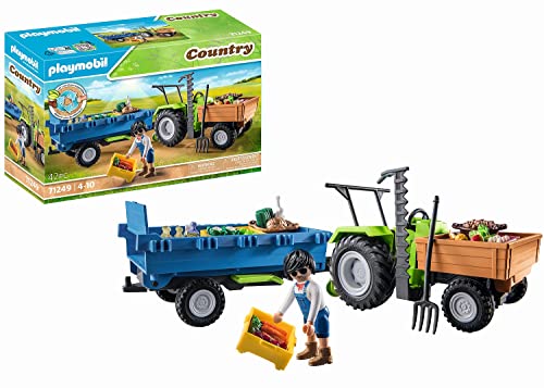 PLAYMOBIL Country 71249 Traktor mit Hänger inkl. Transportboxen, Grüner Trecker für den Bio-Bauernhof, Nachhaltiges Spielzeug für Kinder ab 4 Jahren