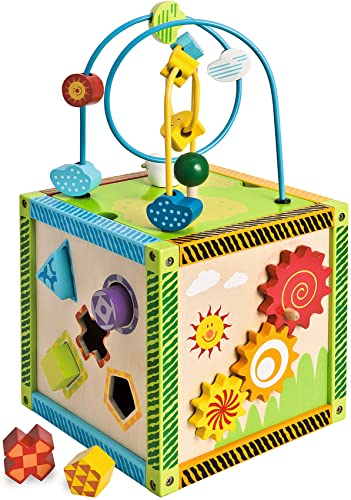 Eichhorn 100002235 buntes Spielcenter, Motorikwürfel mit Motorikschleife, Uhr, Motorikspiel, Drehspiel und 5 Steckbausteine, für Kinder ab 1 Jahr, Größe: 20x20x36 cm