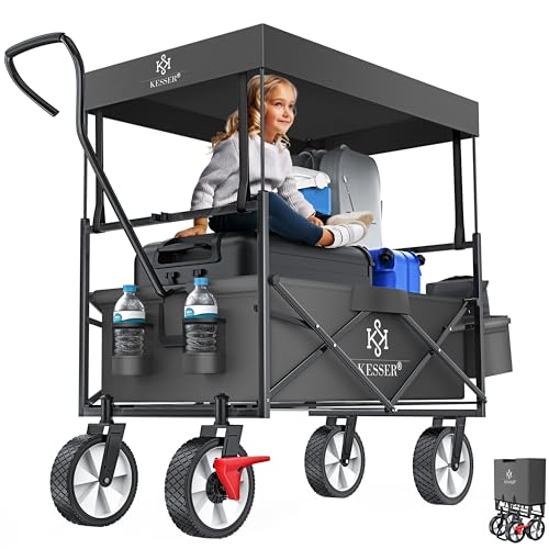 KESSER® Bollerwagen faltbar mit Dach Handwagen Transportkarre Gerätewagen klappbar mit 360° drehbare Vorder-Räder, Vorderrad-Bremse & Vollgummi-Reifen inkl. XXL Außen-Tasche, 2 Netztaschen & Abdeckung