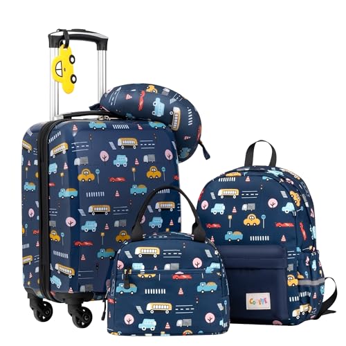 COOLIFE 5tlg Kinderkoffer mit Rucksack, Kindertrolley aus Kunststoff, Kindergepäck, Kinder Kofferset Handgepäck Reisegepäck Hartschalenkoffer für Jungen und Mädchen(Auto, Koffer-Set 5-TLG)