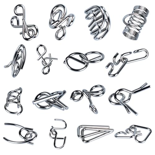 Qanmua 16 Stück Knobelspiele Set, 3D Brainteaser Metall Puzzle IQ Spiele Set Geduldspiele für Kinder und Erwachsene