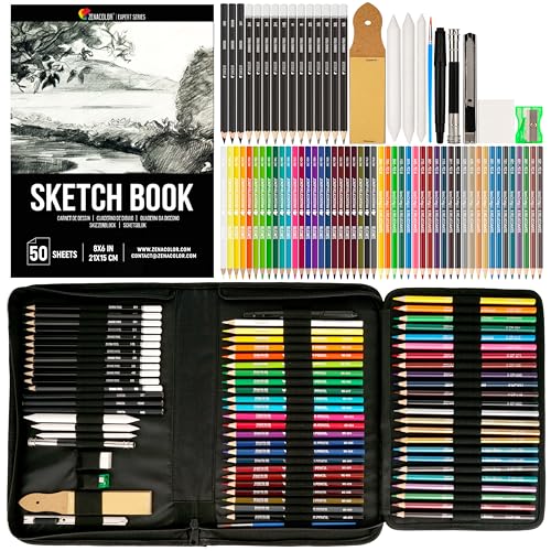 Zenacolor 74-teiliges professionelles Zeichenstifte Set, Federmappe mit 24 Wasserfarb-Malstiften, 12 Buntstifte, 12 metallische Malstifte, 12 Bleistifte und Zubehör - 1 Skizzenbuch