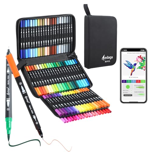 AEDAGA 80 Farben Nummerierte Filzstifte Set mit App, Dual Brush Pen Set (Pinsel & Feine Spitze) für Erwachsene & Kinder, Mandala Stifte für Ausmalbücher, Bullet Journal, Handlettering & Kalligraphie